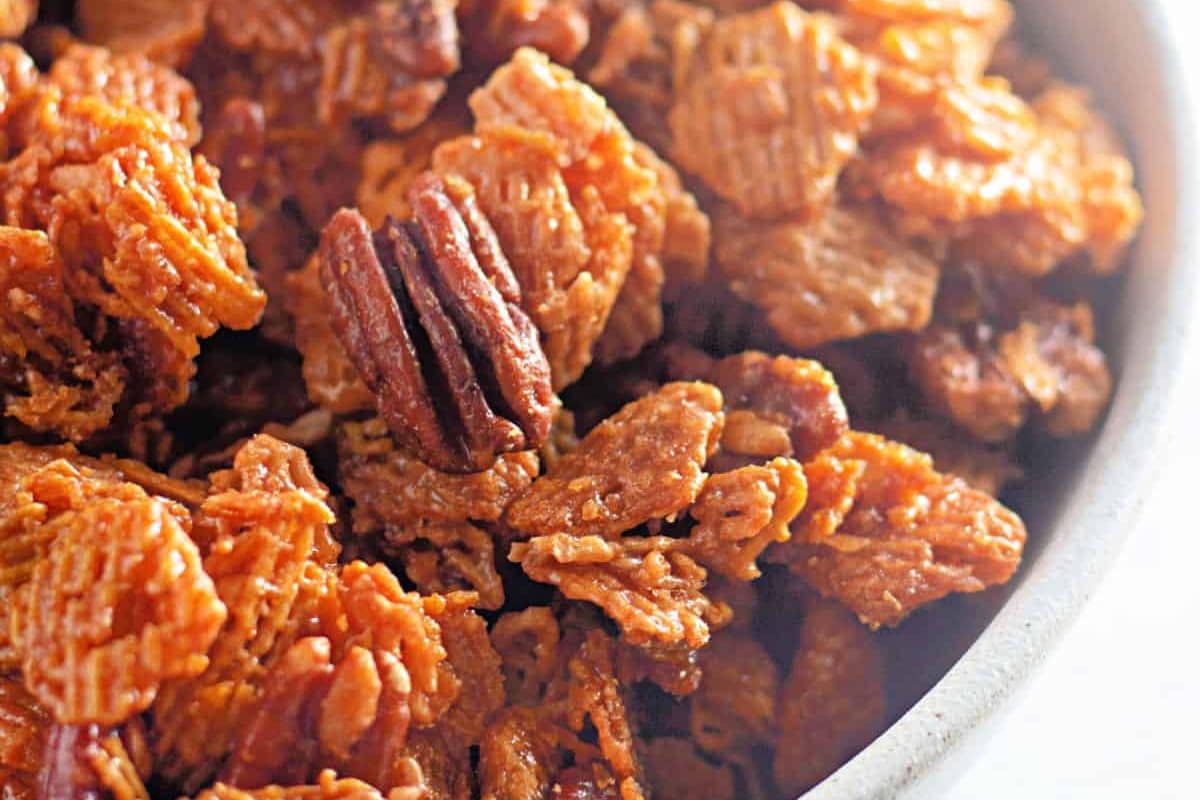 A dish of Easy Crispix Snack Mix.