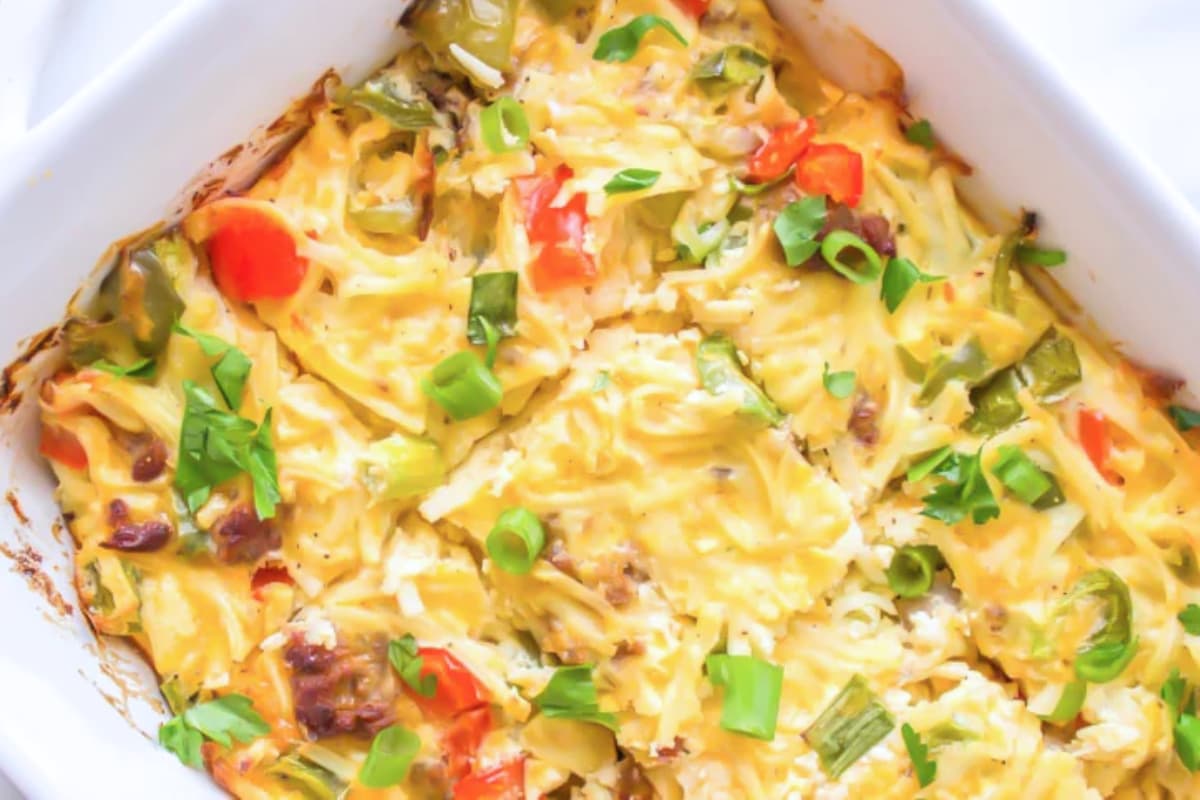 A dish of Hashbrown Sausage Breakfast Casserole.