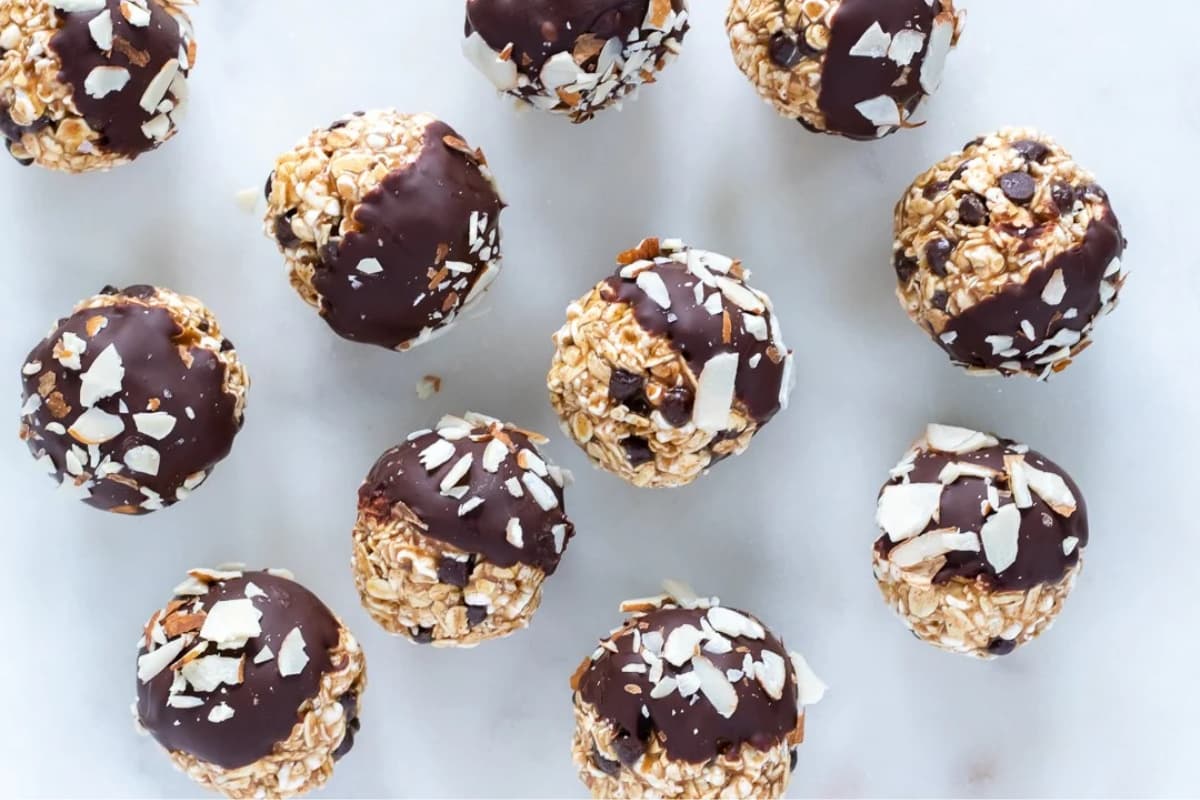 A plate of Chocolate-Almond Popped Sorghum Balls.