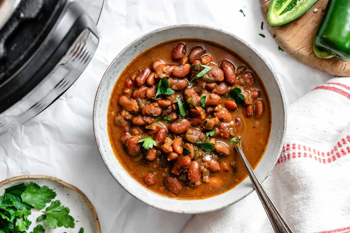 A dish of Instant Pot Charro Beans.