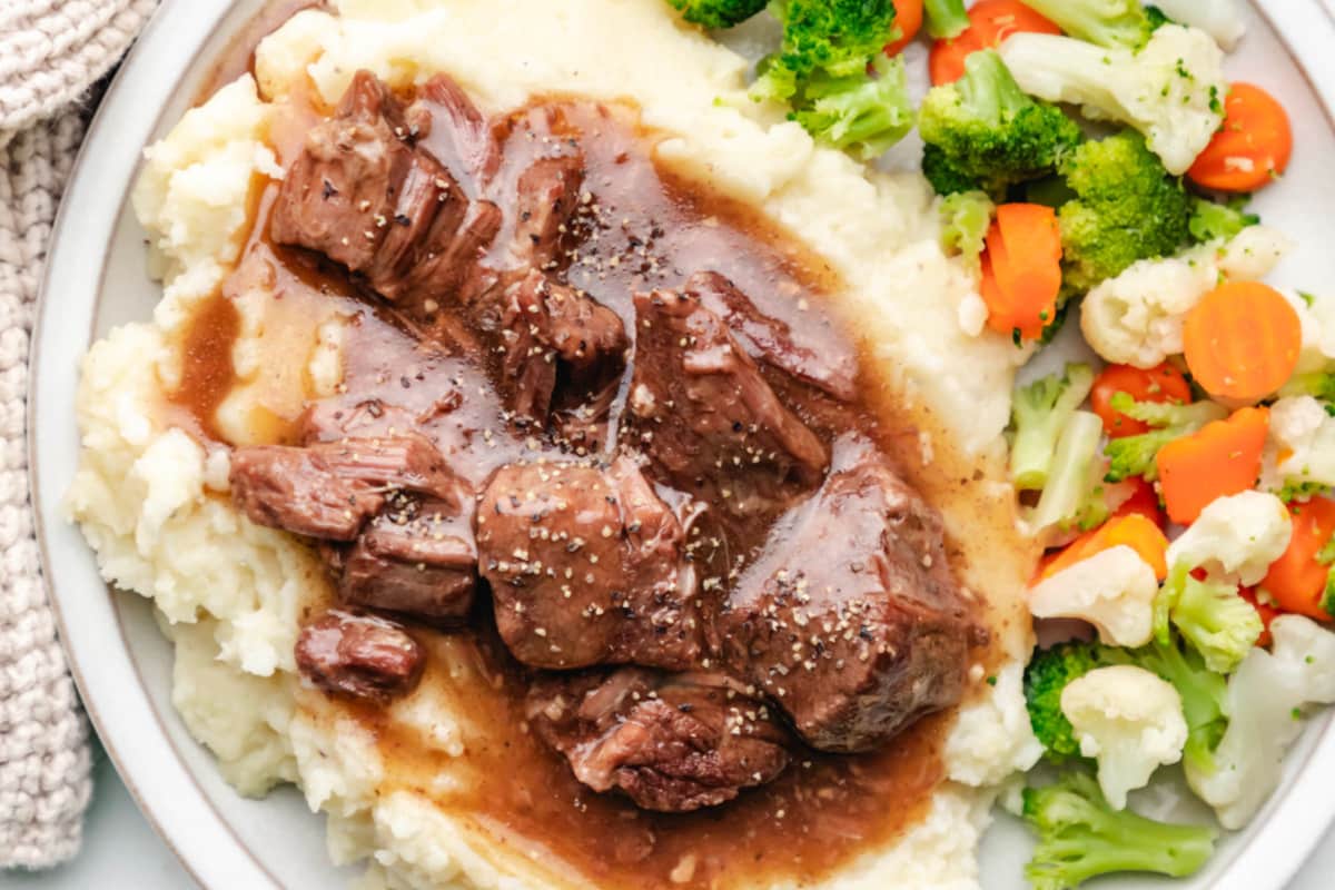 A dish of Instant Pot Beef Tips.