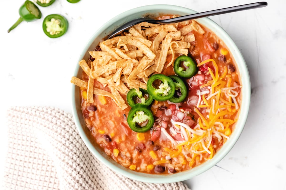 A bowl of Instant Pot Vegetarian Tortilla Soup.