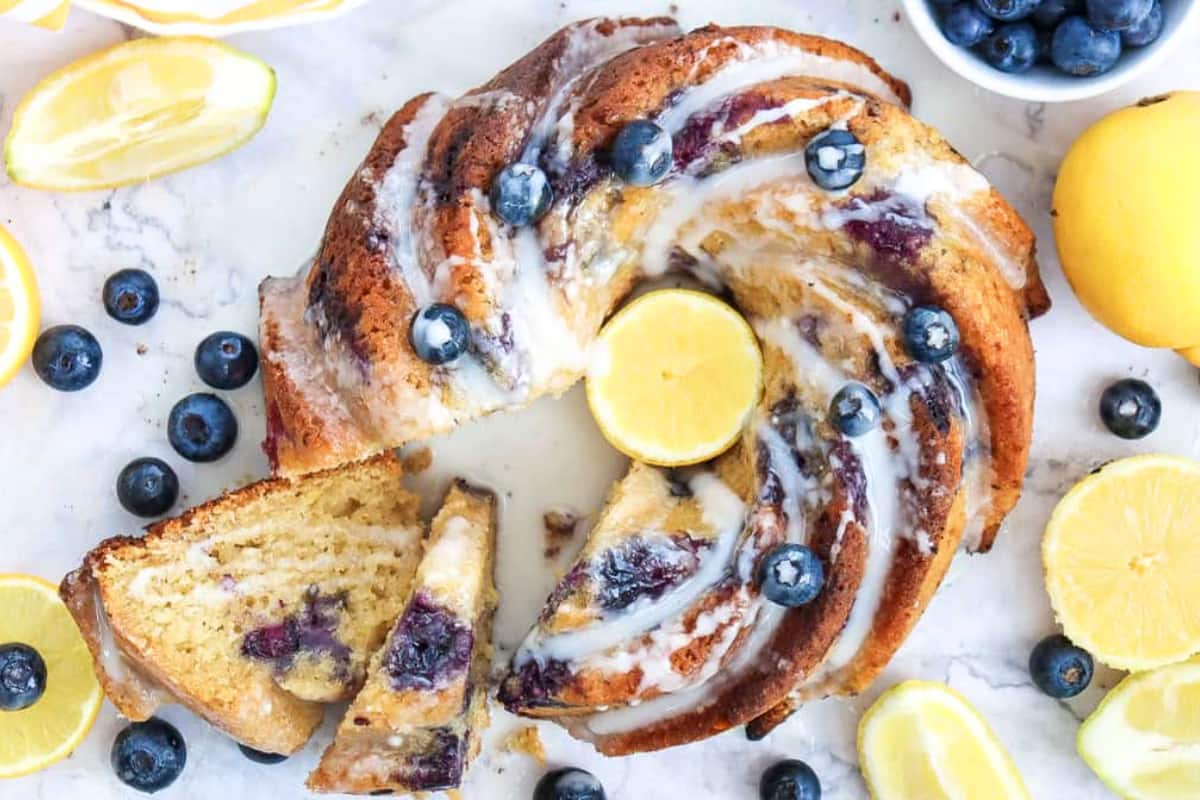 A dish of Lemon Blueberry Bundt Cake.