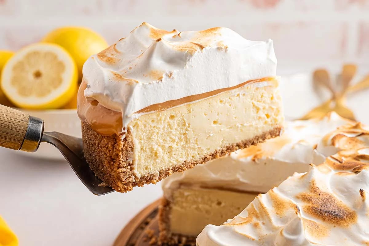 A dish of Lemon Meringue Cheesecake.