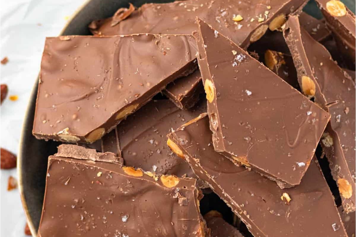 A dish of Milk Chocolate Almond Bark.