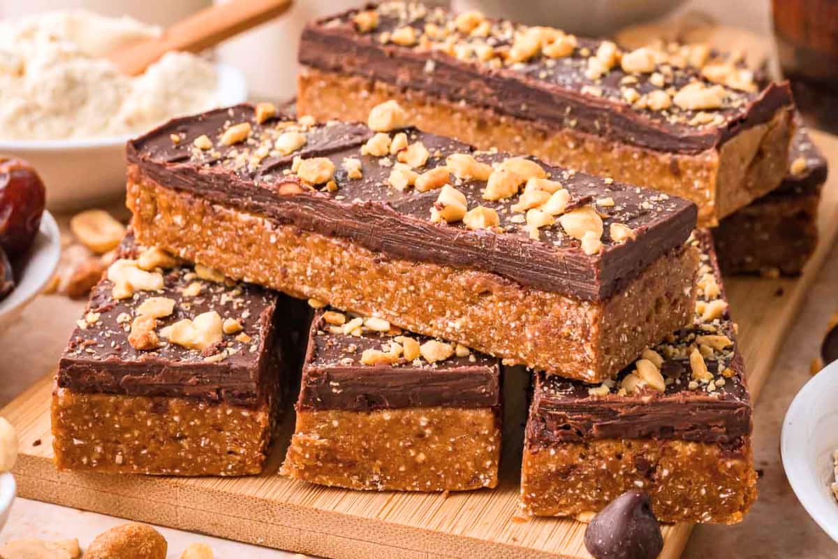 A dish of Chocolate Peanut Butter Protein Bars.