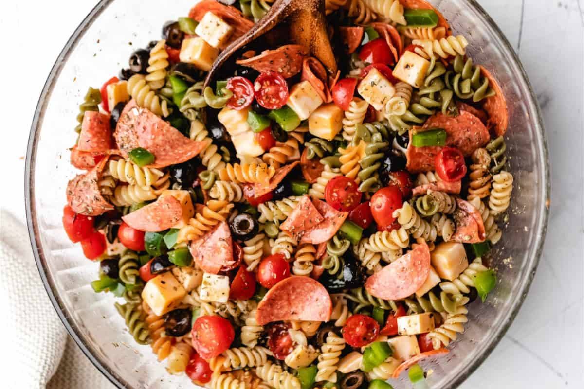 A dish of Pepperoni and Cheese Pasta Salad.