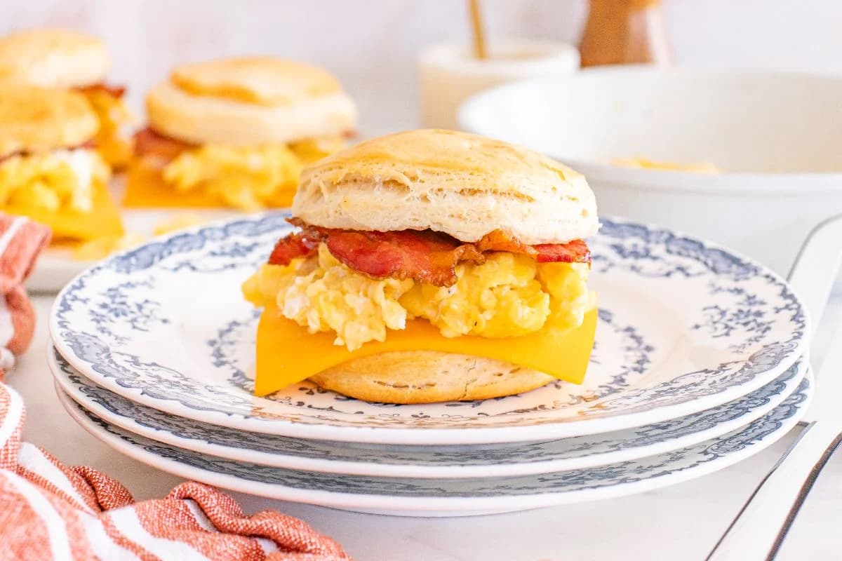 A dish of Biscuit Breakfast Sandwiches.