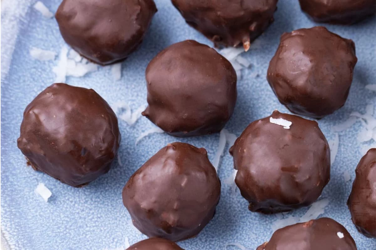 A plate of Chocolate Coconut Protein Balls.
