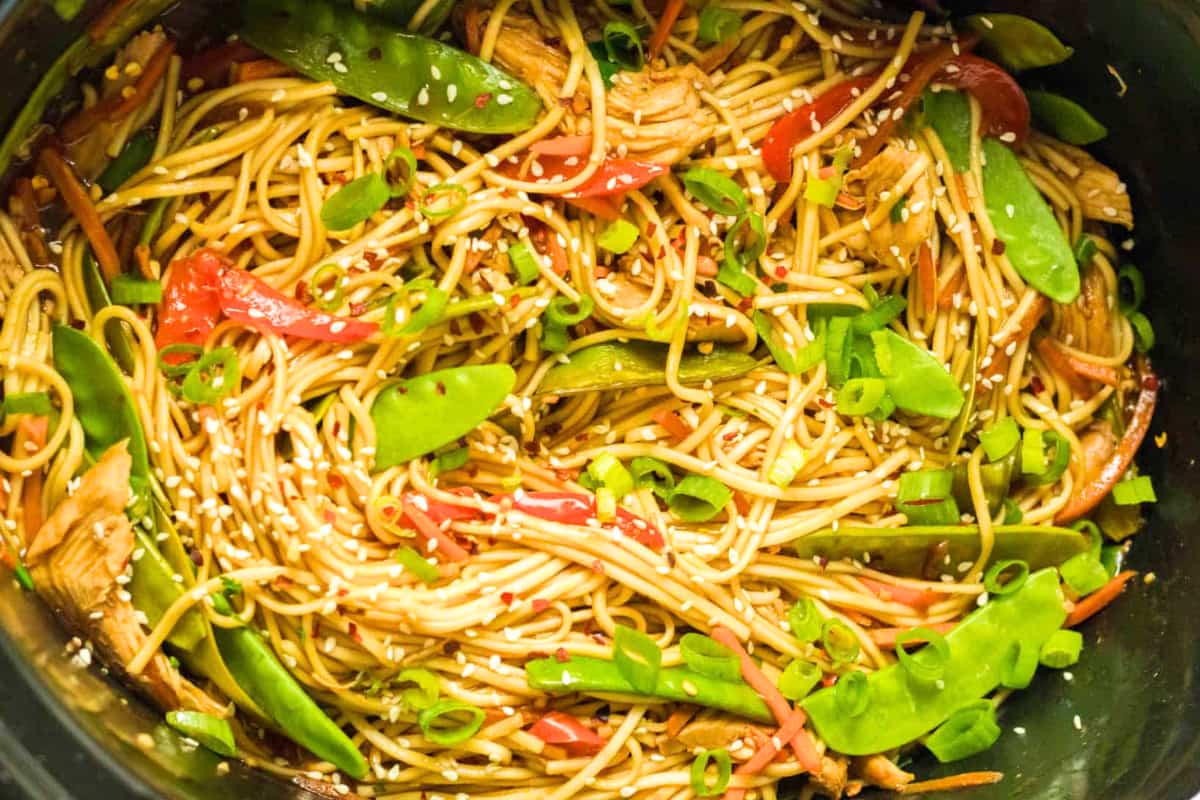A dish of Slow Cooker Chicken Lo Mein.