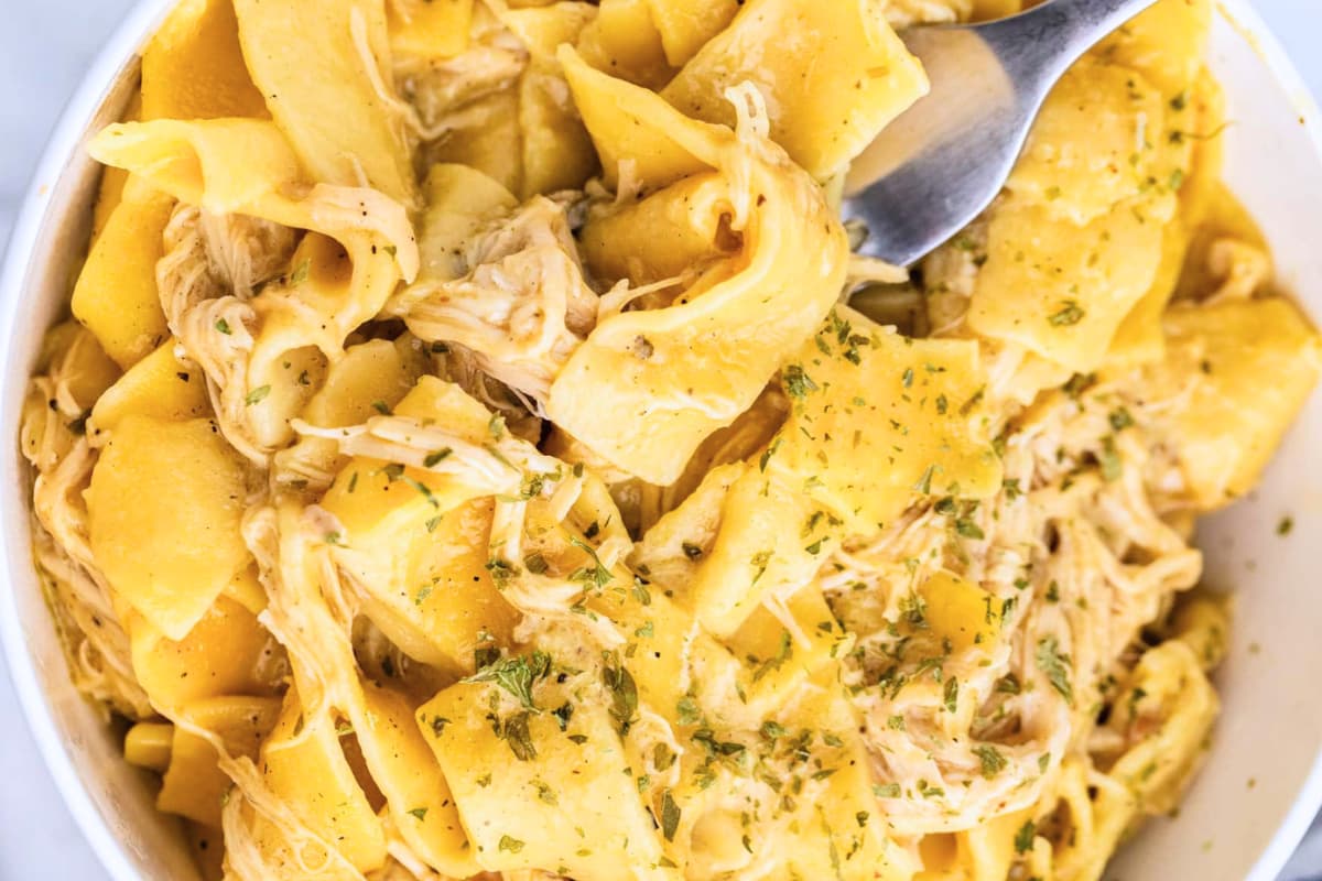 A bowl of Slow Cooker Chicken and Noodles.