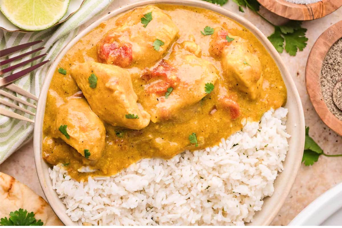 A bowl of Slow Cooker Coconut Chicken Curry.