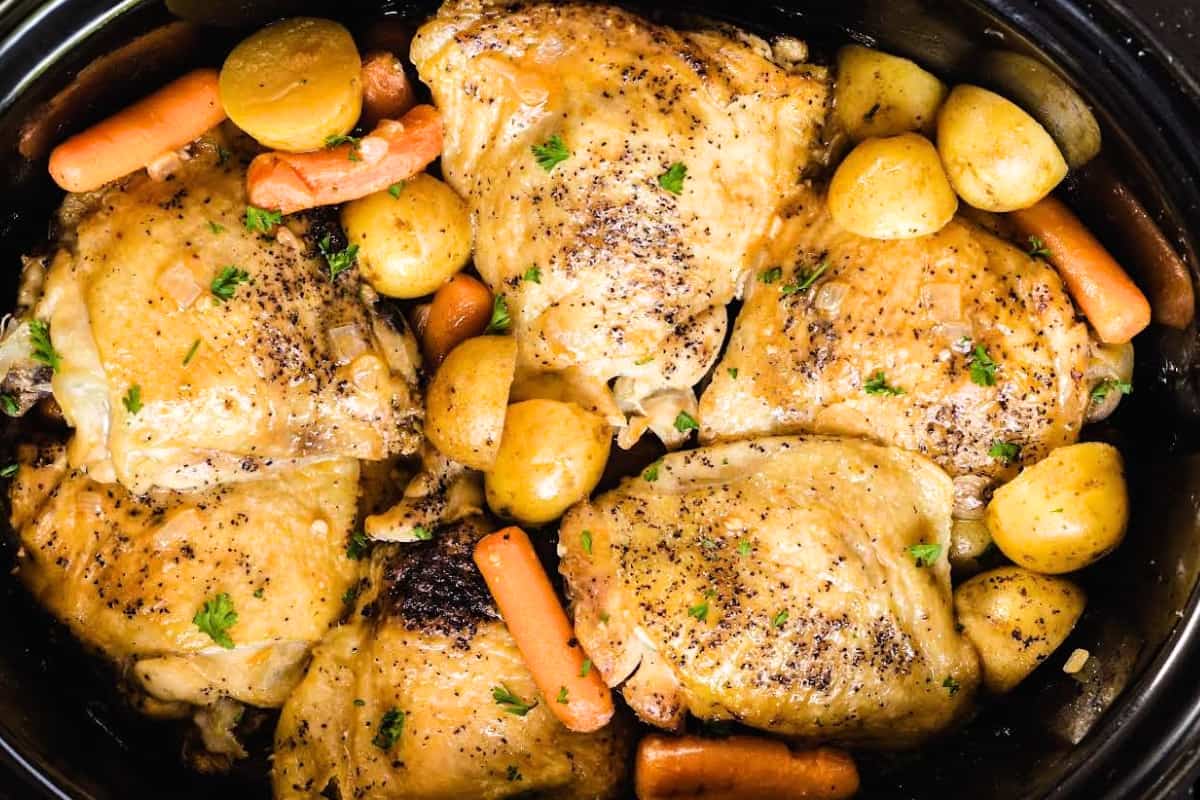 A dish of Slow Cooker Chicken Thighs.