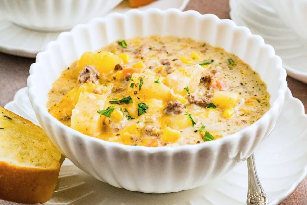 A bowl of Slow Cooker Cheeseburger Soup.