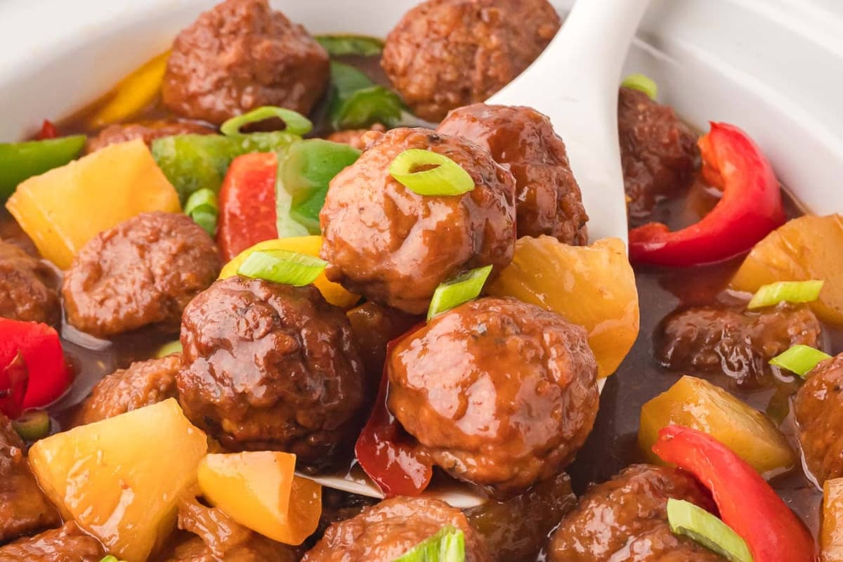 A dish of Slow Cooker Sweet and Sour Meatballs.