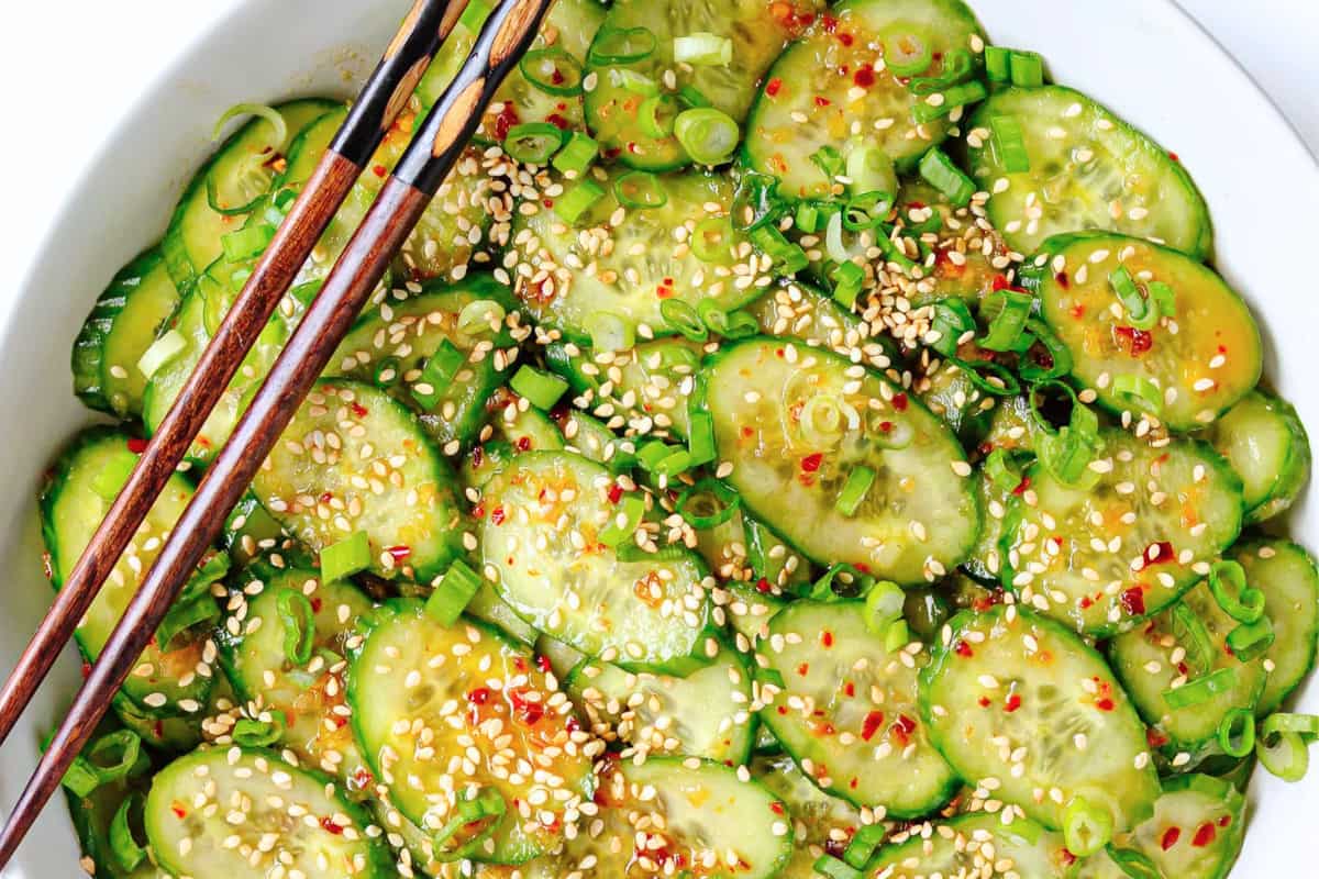 A dish of Spicy Chili Crisp Cucumber Salad.