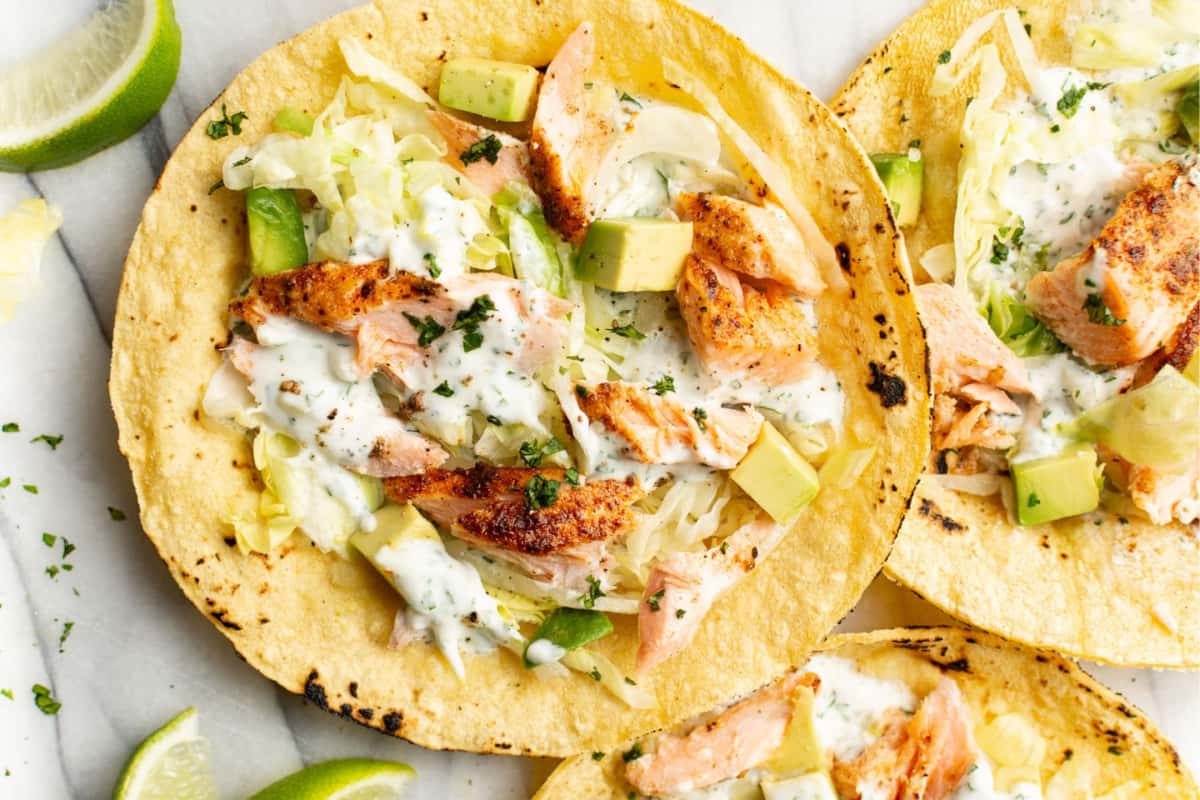 A plate of Baked Salmon Tacos.