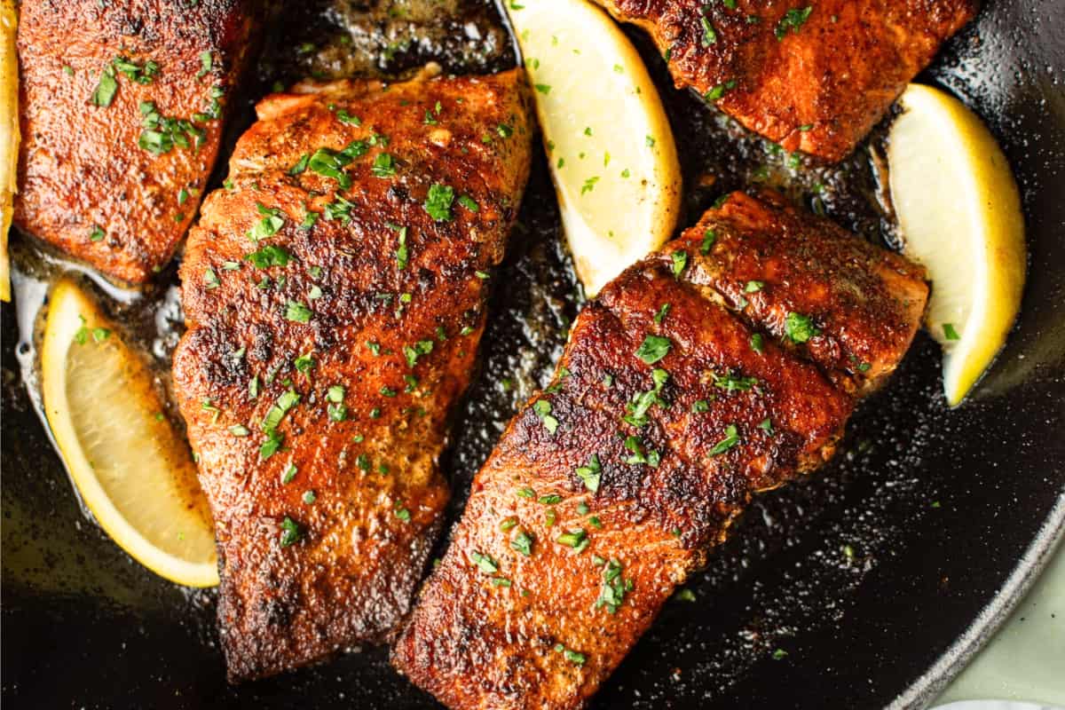 A pan of Blackened Salmon.