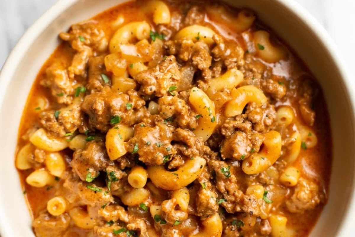 A dish of Homemade Hamburger Helper.