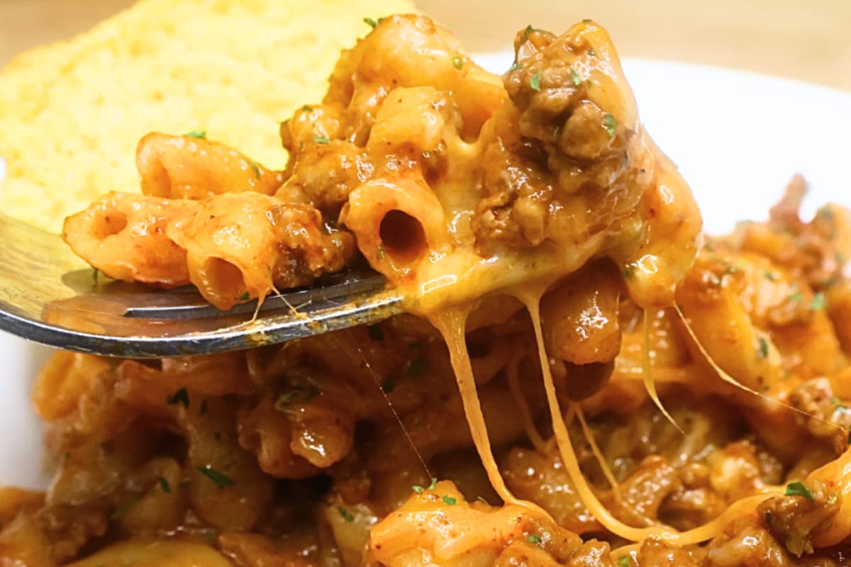 A dish of One Pot Chili Mac With Beans.