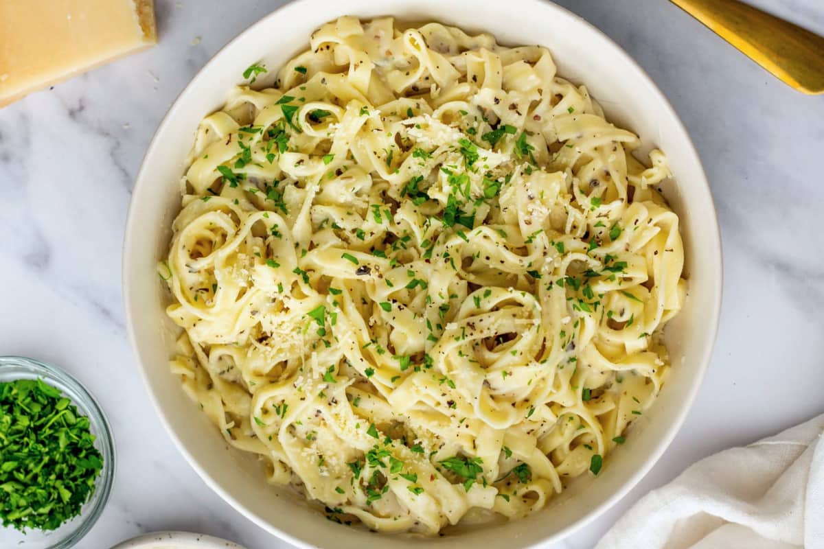 A bowl of Cottage Cheese Alfredo.