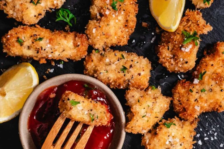 A plate of Pan Fried Chicken Nuggets.