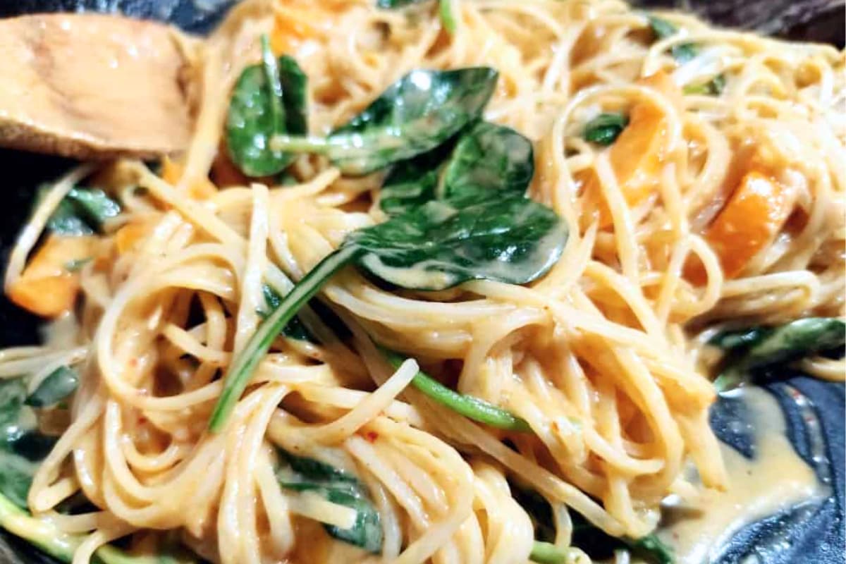 A plate of Coconut Curry Noodles.