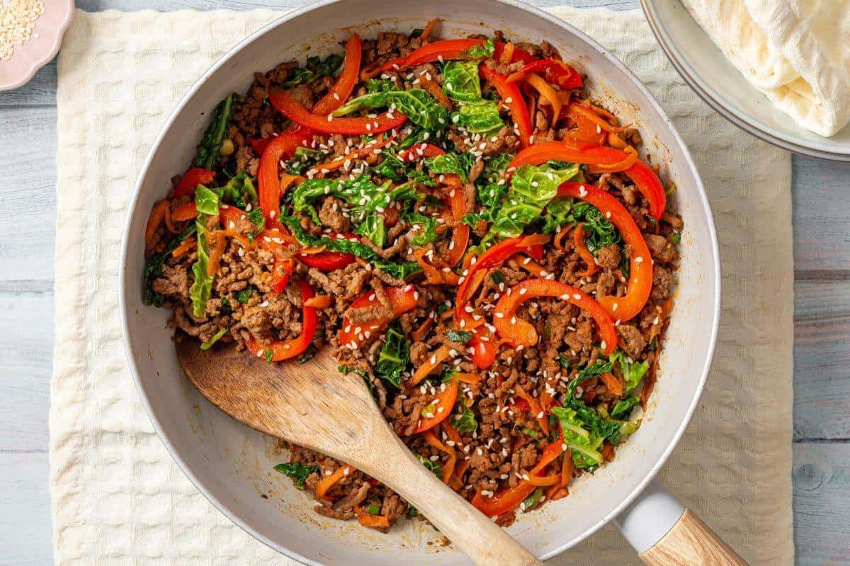 A dish of Ground Beef and Cabbage Skillet.