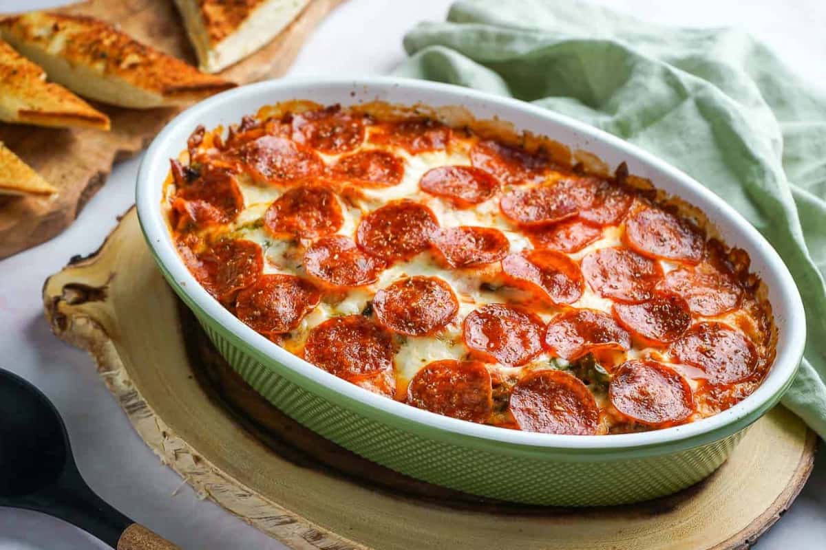 A dish of Pizza Chicken Casserole.