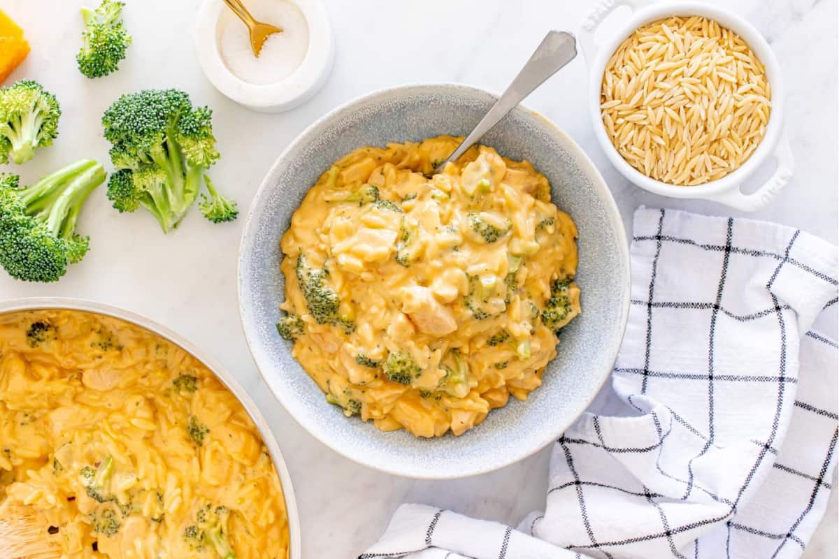A dish of Cheesy Chicken Broccoli Orzo.