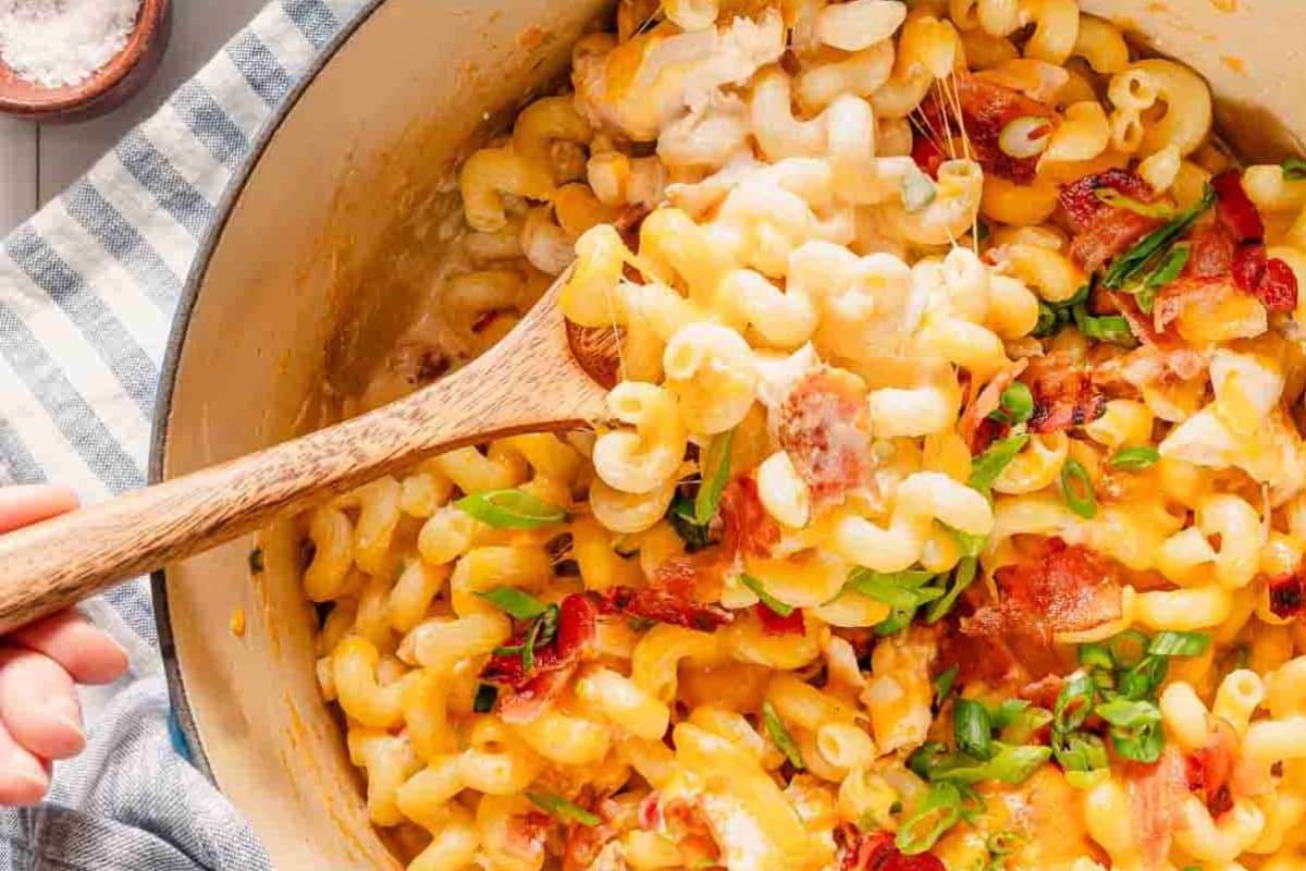 A dish of Chicken Bacon Pasta Bake.