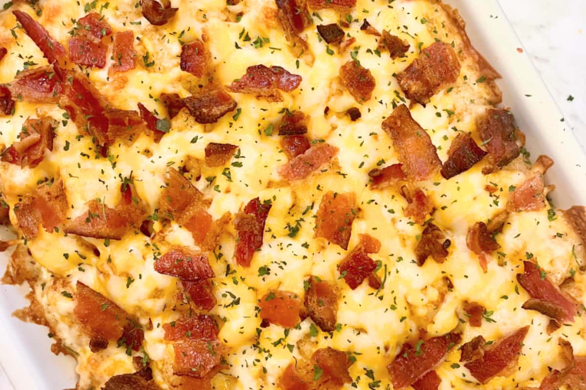 A dish of Chicken Bacon Potato Bake.