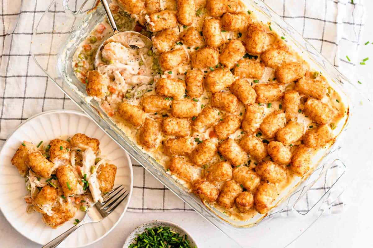 A dish of Easy Chicken Tater Tot Casserole.