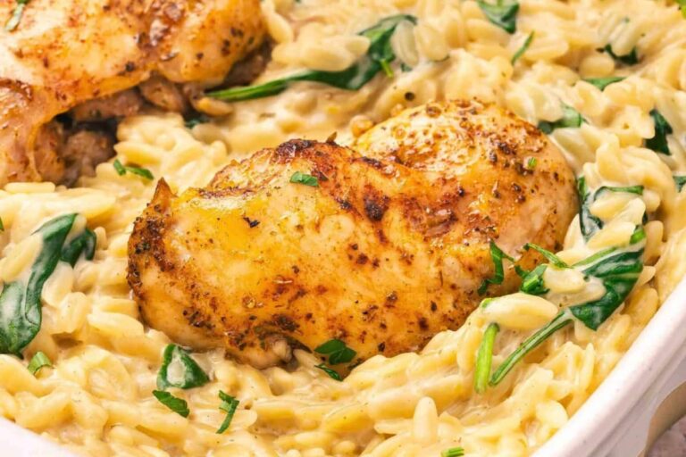 A dish of Easy Baked Chicken Orzo.