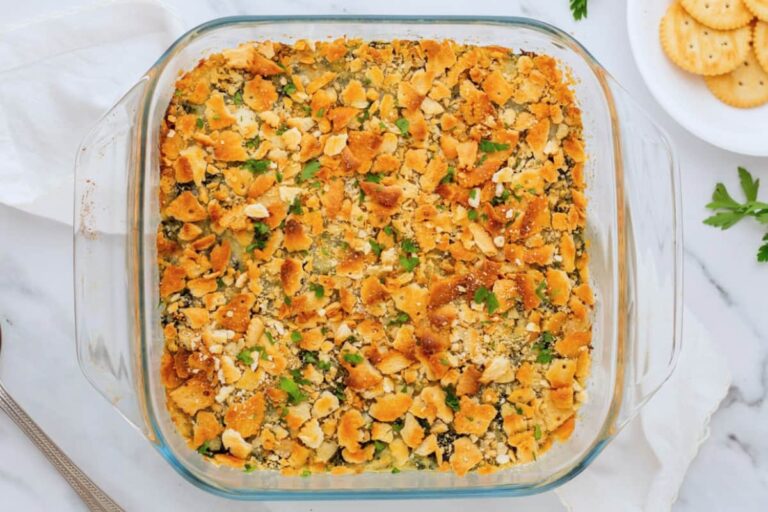 A dish of Spinach Casserole.