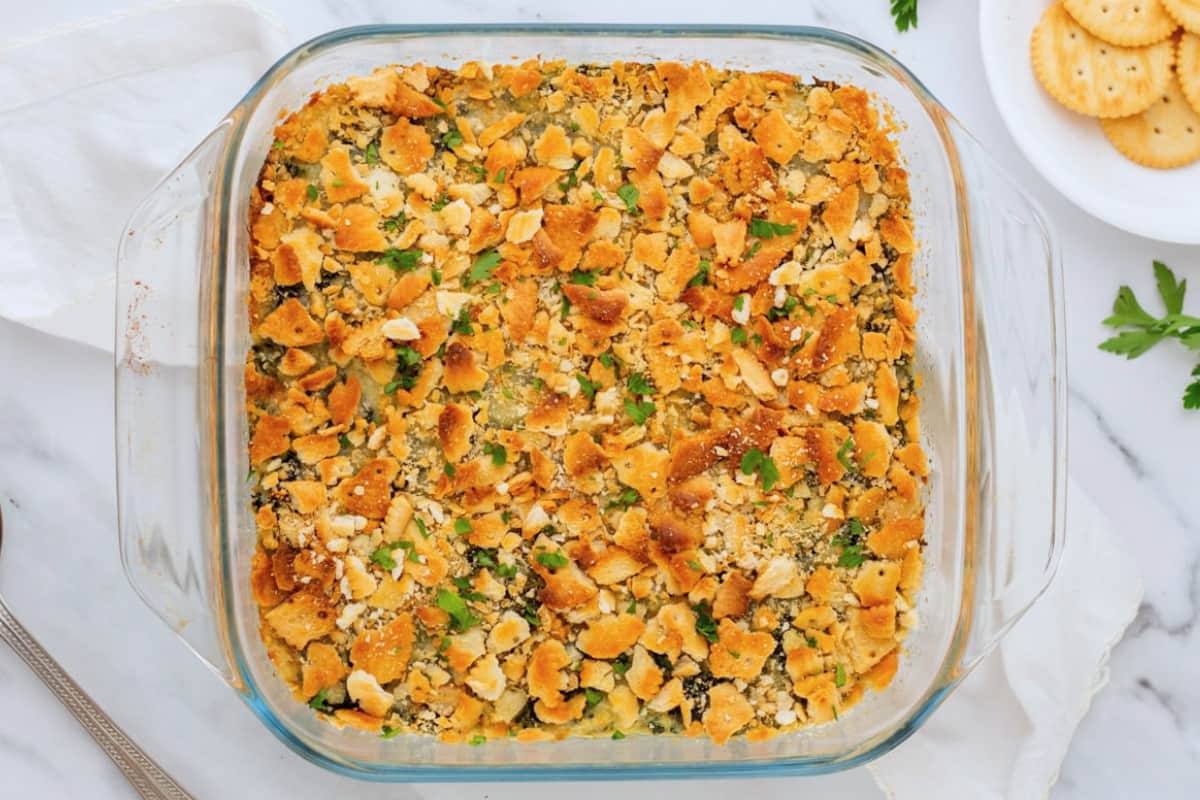 A dish of Spinach Casserole.