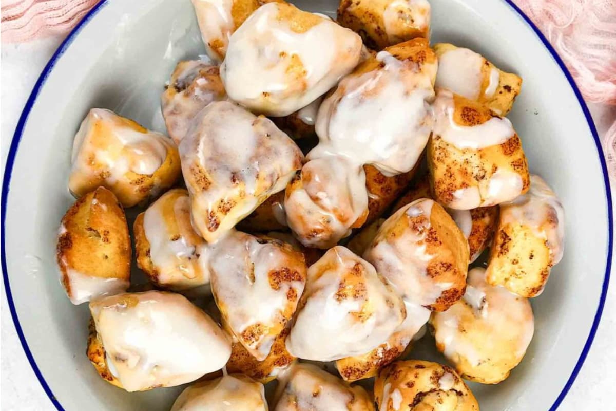 A bowl of Air Fryer Cinnamon Roll Bites.