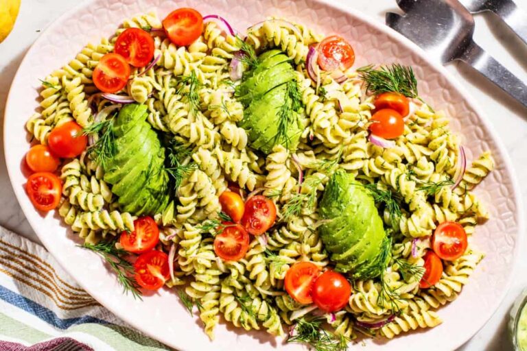A dish of Avocado Pasta Salad.