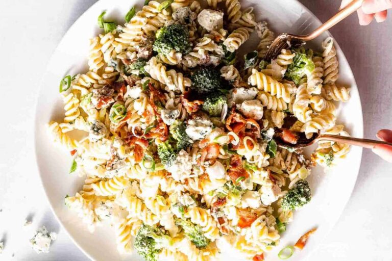 A plate of Bacon Blue Cheese Pasta Salad.