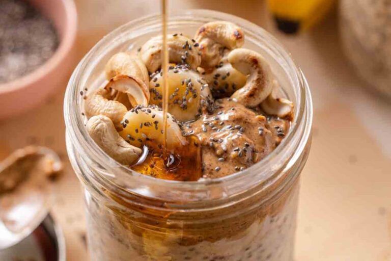 A jar of Banana Chia Overnight Oats.