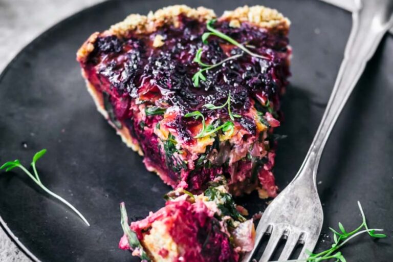 A plate of Beets and Greens Tart.