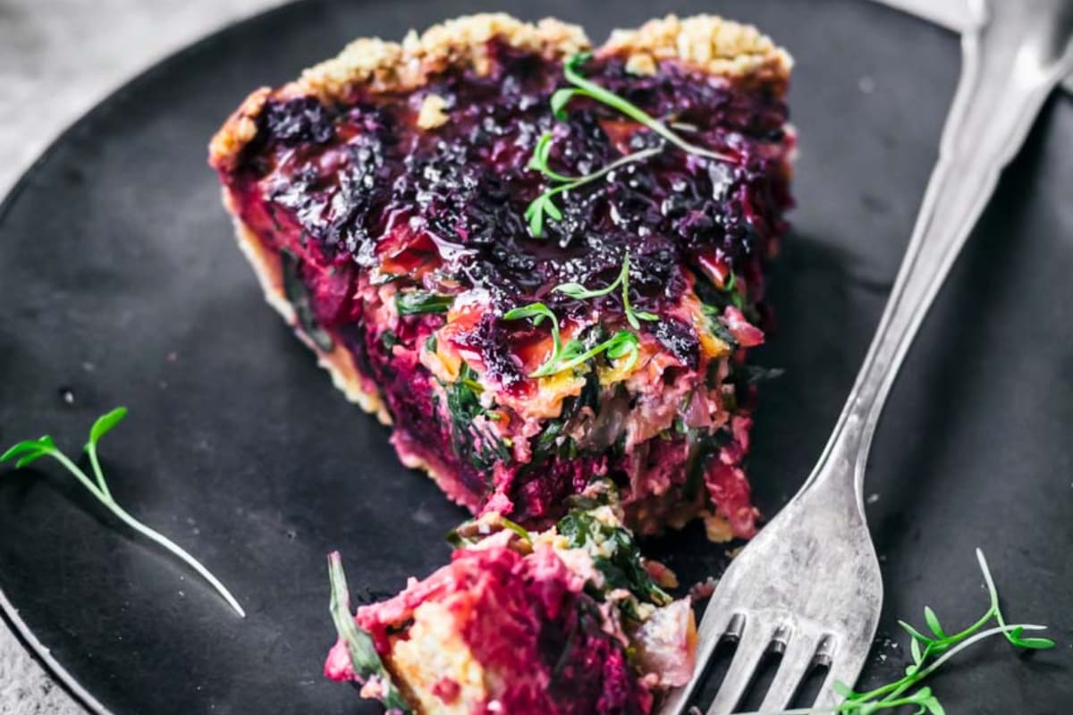 A plate of Beets and Greens Tart.
