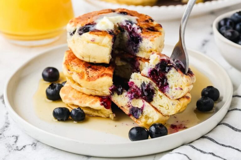 A plate of Blueberry Cottage Cheese Pancakes.