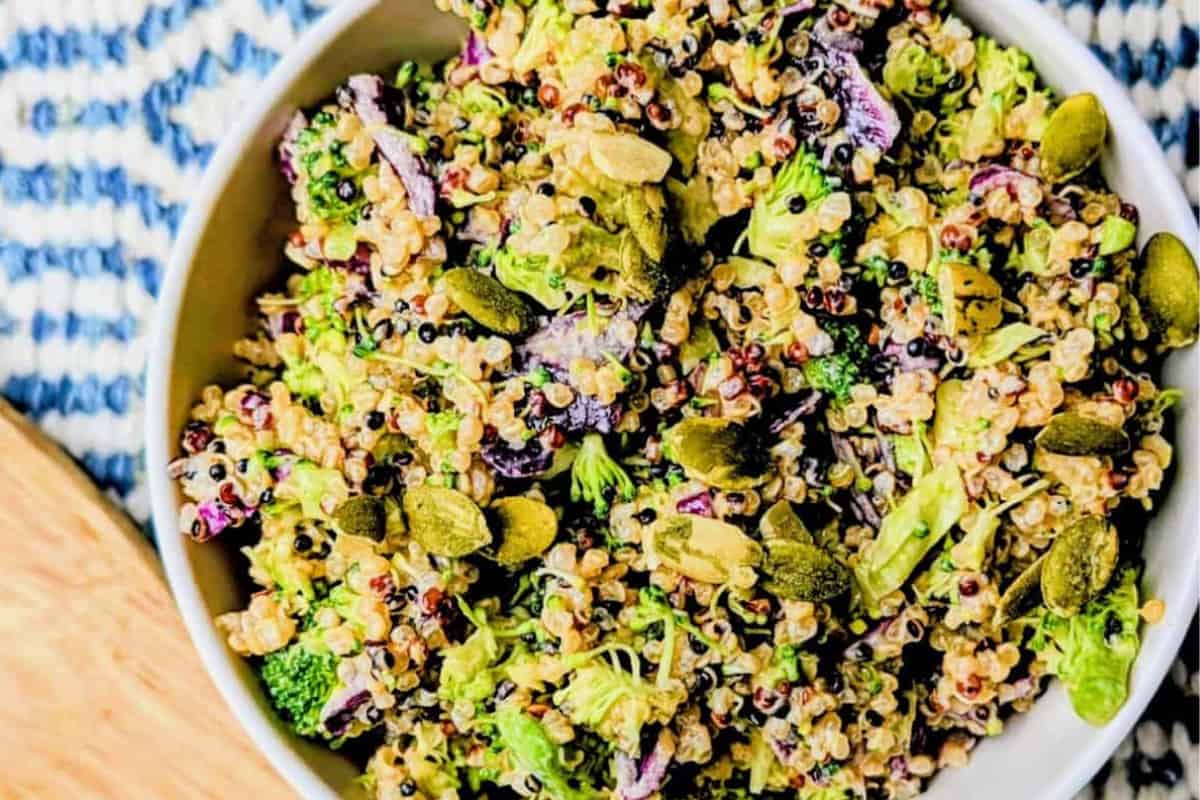 A bowl of Broccoli and Quinoa Salad.