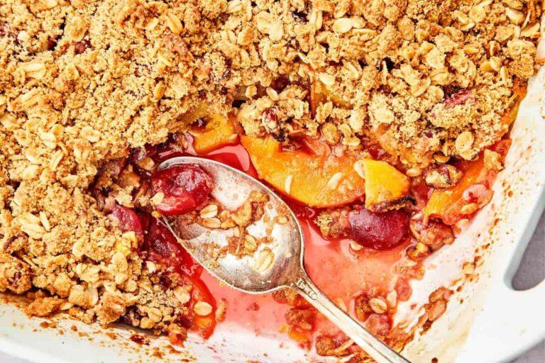 A dish of Cherry Peach Crisp.
