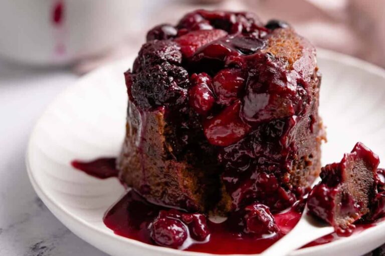 A plate of Chocolate Berry Mug Cake.