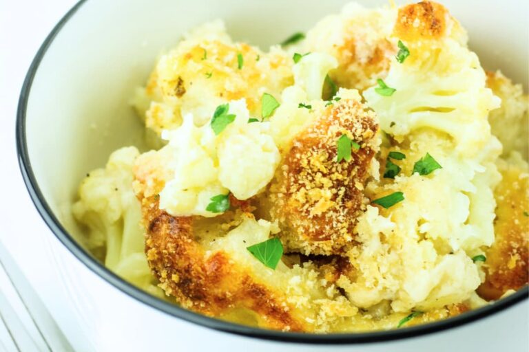 A bowl of Cottage Cheese Cauliflower Gratin.