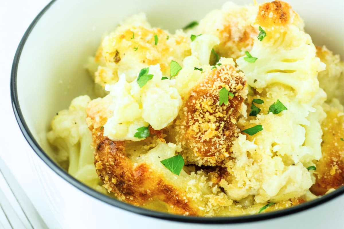 A bowl of Cottage Cheese Cauliflower Gratin.