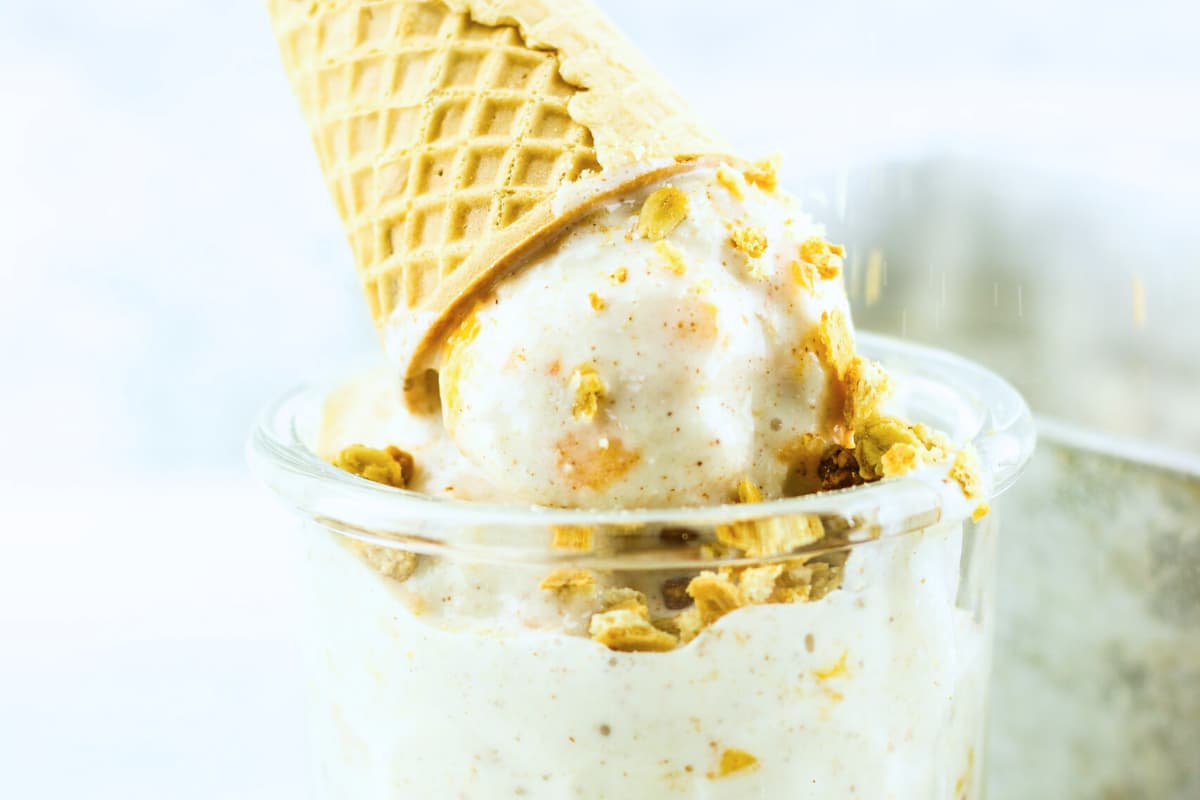 A dish of Peach Cottage Cheese Ice Cream.