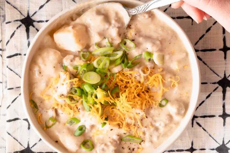 A bowl of Creamy Hamburger Potato Soup.